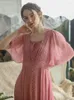 Vestidos de festa mulheres vestido primavera verão mori meninas doce elegante magro bordado retro órgão plissado longo chiffon rosa maxi