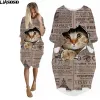 Vestido liasoso verão manga longa bonito jornal floresta gato 3d impressão oneck confortável vestido feminino engraçado novo retro pulôver moda