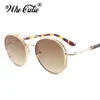 WHO CUTIE LENTE ROSSA Rotonda Steampunk Occhiali da sole Uomo Donna Montatura in metallo Cerchio Lente trasparente Retro Punk Occhiali da sole Shades OM376 240226