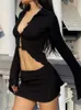 2 -częściowe zestawy kobiety jesienne spódnica stroje z długim rękawem wycięte koszule falbany mini spódnice klub sexy y2k streetwear 240304