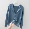 Cardigans Bureau Dame Soie Glacée Simple Boutonnage Fileté Mince Cardigan Col V Manches Chauve-Souris Été Vêtements Pour Femmes Bouton Solide À Capuchon