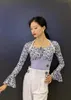 Stage Wear Floral Ballroom Latin Dance Tops Women Flare Sleeve Bodysuit Tango Dancing Performance ChaCha Samba Clothing VDB7760