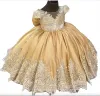 Robe de fille de fleur d'or enfant en bas âge pour les fleurs de mariage robe de concours de dentelle appliques arc robes de soirée de Noël fête d'anniversaire première communion manches courtes