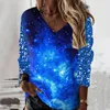 Women's T Shirts paljetter tryckt t-shirt för kvinnor mode långärmad tee tops v nack tunic kvinnlig elegant skjorta enkla tees camiseta