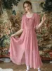 Vestidos de festa mulheres vestido primavera verão mori meninas doce elegante magro bordado retro órgão plissado longo chiffon rosa maxi