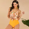 Maillots de bain pour femmes Femmes Slips Bikini Ensemble Rembourré À Volants Hem Soutien-Gorge Taille Haute Imprimé Floral Maillot De Bain Bandeau Maillot De Bain