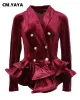 Blazers CM.YAYA Women Fashion Velvet Notched Collar Long Sleeve Cascading Ruffles Hem Double Breasted Blazer Tops