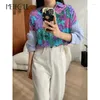 T-shirts de femmes Tropical Floral Print Femmes Tops 2024 Fashion Spring Summer Silk Long Manche Bouton BreatEd