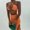 Suits Sexy Streetwear Neon Orange Two Pieces Skirt Sets Women Tracksuit Fashion Halter Bandage Tops and Long Skirts Matching Set Suits