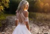 Western Garden Boho Wedding Dresses A Line Jewel Neck Lace Satin Bridal Gowns Buttons Back Beach Robe De Mariee Plus Size