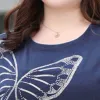 Toppar mode Royal Blue Plus Size Pullover Tops Summer Clothes for Women Diamonds Sharcing Butterfly Short Sleeve Loose Tshirt Trend