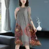 Party Dresses 2024 Spring Summer Elegant Loose Plus Size 3XL Vintage Floral Grey Shirred Collar Women Chiffon Dress Vestidos Mujer