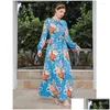 Abbigliamento etnico Donna Stampa floreale Manica lunga Abito maxi Cravatta Abiti con cintura pieghettata Primavera Estate Vacanza Abito da festa Caftano Musulmano D Dhxj4