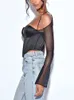 Dames T-shirt Sexy Zwart Satijnen Korset Tops Laag Uitgesneden Ruglooze Getailleerde Mesh Lange Mouw Crop Top Dameskleding Shirts Blouses