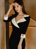 Klä NEW Fashion Elegant Office Lady Women Dress Sexig Retro Casual Turndown Collar Black Formal Slim Midi Party Pencil Femme Vestido