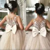 Cute Blush Pink Flower Girls Dresses Sleeveless for Weddings Lace Appliques Ball Gown Birthday Girl Communion Pageant Gowns Light Champagne with Bow