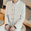 Jacken GrayishWhite Chinesischen Stil Brief Stickerei Männer Tunika Jacke Stehkragen Frosch Verschluss Einreiher Anzug Jacke Herren Mantel