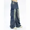 Jeans de mujer Azul Oscuros Simples Vintage White Diseño de calles de cintura alta y2K pantalones de carga rectos holgados