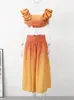 Ruffles Gradient Big Swing Skirt Set Women Elegant Puff Sleeve Crop Top High Waist A-line Skirts Suit 2024 Spring Summer Outfit 240307