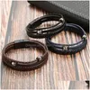 Bedelarmbanden Gevlochten Roestvrij Staal Heren Pu Lederen Armband Magneet Gesp 3 Lagen Voor Mannen Fashioin Sieraden Drop Levering Jewelr