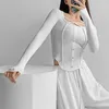 Women's T Shirts Cross Exposed Collarbone Long Sleeved T-Shirt Slim Open Navel Crop Tops Spring Patchwork Korean Sexy Hollow Out