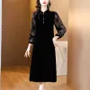 Vestido de lujo elegante de terciopelo negro, vestido grueso y cálido para mujer, vestido Midi elegante con cuentas y cuello redondo, vestidos de noche coreanos 2023