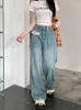 Jeans Femme Benuynffy Vintage Poignets Lavés Femmes 2024 Printemps Été Mode Coréenne Lâche Taille Haute Droite Jambe Large Denim Pantalon