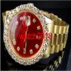 Top-Qualität Luxusuhr 18K Herren Gelbgold DayDate 36MM rotes Zifferblatt Größere Diamantuhr 5 5CT Automatische mechanische Herrenuhren N246o