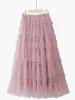 Dresses Nowsaa Maxi Tulle Skirt Women Korean Fashion Princess Fungus Solid Pink Mesh Tiered A Line High Waist Pleated Long Skirt Female