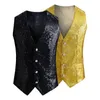 Men's Vests Single-breasted Waistcoat Sequin Sleeveless Slim Fit Vest With Adjustable Back Buckle For Stage Show Emcee Performance