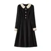 2024 Spring Black Solid Color Dress Long Sleeve Lapel Neck -knappar MIDI Casual Dresses W4M053206
