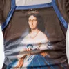 女性用ブラウスレトロスタイルの油絵メッシュトップヴィンテージプリントの長袖の正方形のネックラインスリムブルーサビクトリアナセクシーなシャツ