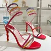 Rene Caovilla Silk Sandals Rhinestone 장식 스틸레토 힐즈 발목 랩 어라운드 이브닝 파티 신발 여성 고급 디자이너 공장 신발 박스