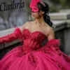 Plumes fuchsia manches détachables robes de Quinceanera robe de bal perles cristal Appliques dentelle princesse pour doux 15 anniversaire