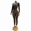 Stage Wear Colorful Big Rhinestones Brown Mesh Bodysuit Dance Performance Costume Evening Birthday Celebrate Sexy Jumpsuit Outfit