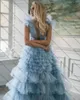 Casual Dresses Light Blue Tulle Prom Sleeveless Pretty Ruffles Tiered Mesh Women Summer Dress Floor Length A Line Party Gowns