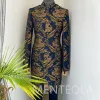 Suits Floral Jacquard Long Men Suits Coat With Navy Blue Pants 2023 2 Piece Stand Collar Wedding Tuxedo For Groom Indian Man Fashion