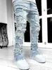 Tunga jeans män byxor high street anime klippkläder metall låg stigning off-road atom rivning mode kvalitet 240226