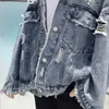 Fashion Ripped Denim Jacket Y2K Distressed Streetwear Hip Hop Broken Hole Jeans Biker Jackets Men Loose Blue Jacket Outwear 240228