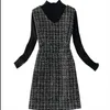 Vestidos casuais tweed ol vestido de lã de volta longa sem mangas com decote em v colete mulheres outono inverno elegante