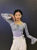 Stage Wear Floral Ballroom Latin Dance Tops Women Flare Sleeve Bodysuit Tango Dancing Performance ChaCha Samba Clothing VDB7760