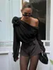 Women's Blouses Chiffon Semi-sheer One Shoulder Asymmetrical Top 3D Flower Long Sleeve Tunics Blouse Women Casual Shirt Pullover