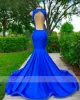 Blue Royal Sheer Crew Neck Long Mermaid Prom Dresses Black Girls Appliques Birthday Party Backless aftonklänningar Robe de Bal