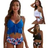 Maillots de bain pour femmes Femmes Slips Bikini Ensemble Rembourré À Volants Hem Soutien-Gorge Taille Haute Imprimé Floral Maillot De Bain Bandeau Maillot De Bain