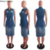 Casual Dresses Women knäppas upp med Sashes Bodycon Party Denim Midi Dress