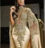 Champagne Luxurious Satin Mermaid Evening Dresses Lace Beaded Crystals Prom Dress with Sheer High Neck Long Sleeves Party Second Reception Gowns 2023