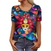 Women's T Shirts Carnival Shirt for Women Woman Button V-Neck mode Kort ärm Retro Mask Print T-shirt Slim Top Casual Tops