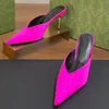 8.5cm Kristal Katırlar Slayt Terlik Tasarımcı Tasarımcı Sandal Kadın Topuk Ayakkabı İpek Saten Rhinestone Sandals Saçlı Ayakkabı Baotou Slipper 2024 Bahar Tek Ayakkabı Metal Topuk