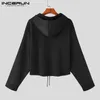 INCERUN Men Hoodies Solid Color Zipper Hooded Long Sleeve Streetwear Fashion Casual Sweatshirts Personality Crop Tops S-5XL 240219