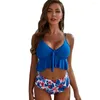 Maillots de bain pour femmes Femmes Slips Bikini Ensemble Rembourré À Volants Hem Soutien-Gorge Taille Haute Imprimé Floral Maillot De Bain Bandeau Maillot De Bain